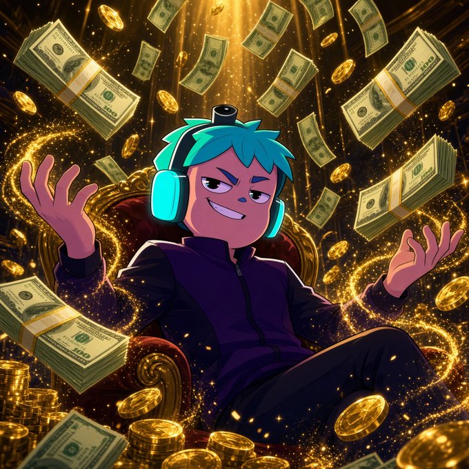 A vibrant cartoon illustration depicts a character with teal hair and headphones sitting on a throne of gold coins, surrounded by falling stacks of hundred-dollar bills and golden light.