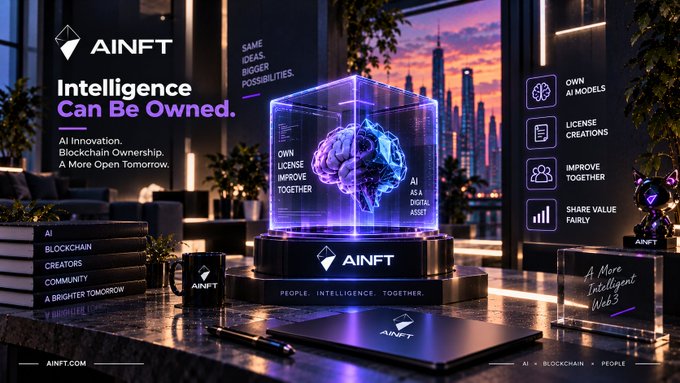 A 3D render showcases the "AINFT" project with the tagline "Intelligence Can Be Owned.", featuring a brain hologram and text about blockchain ownership, AI models, and digital assets.