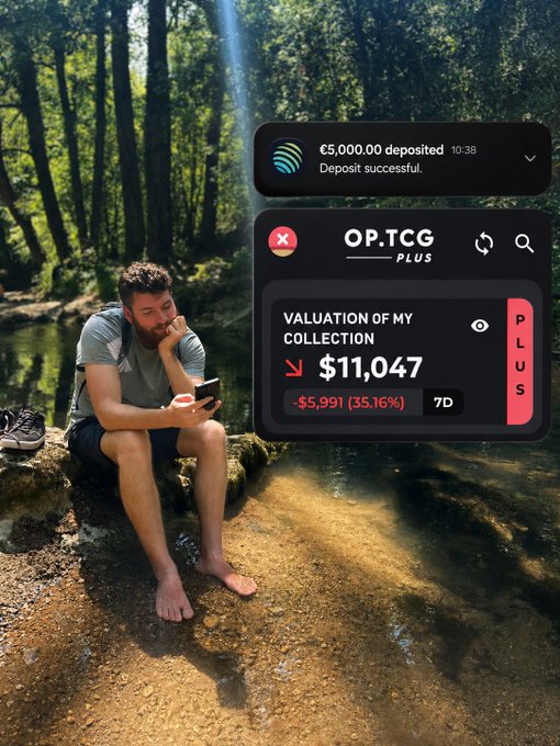A man sitting by a stream in a forest looking at his phone, with overlaid graphics showing a '€5,000.00 deposited' notification and an 'OP.TCG PLUS' collection valuation of '$11,047'.