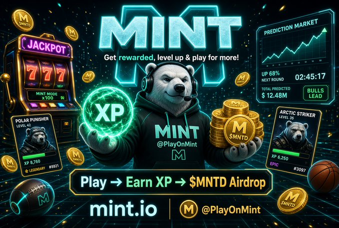Promotional graphic for 'MINT' (mint.io) featuring a polar bear mascot wearing a headset, advertising a prediction market game with 'Play → Earn XP → $MNTD Airdrop' and showing jackpots and rewards.