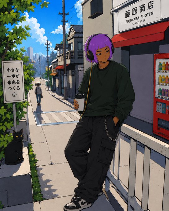 Anime-style illustration of a purple-haired youth with headphones around his neck, leaning on a railing while holding a coffee cup in an urban Japanese street, with a black cat nearby and a sign reading '小さな一歩が未来をつくる' (Small steps build the future) and '藤原商店 FUJIWARA SHOTEN SINCE 1964'.
