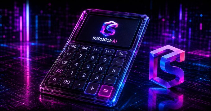 A stylized 3D render of a transparent calculator with the text 'InSoBlokAI' on its display, set against a neon purple and blue cyberpunk background with a matching 'InSoBlokAI' logo.