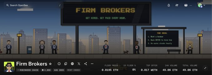 An OpenSea NFT page for the 'Firm Brokers' pixel art collection on the Rosehood Chain, showing a floor price of 0.0105 ETH and a total volume of 49.06 ETH.