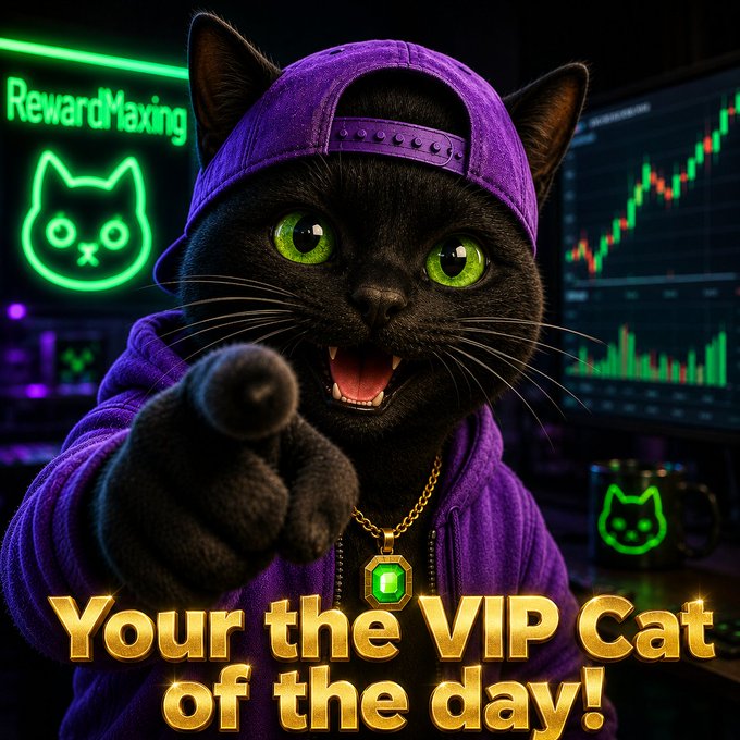 A digital illustration of a black cat in a purple hoodie and cap pointing at the viewer, with text reading 'Your the VIP Cat of the day!' and a neon 'RewardMaxing' sign in the background.