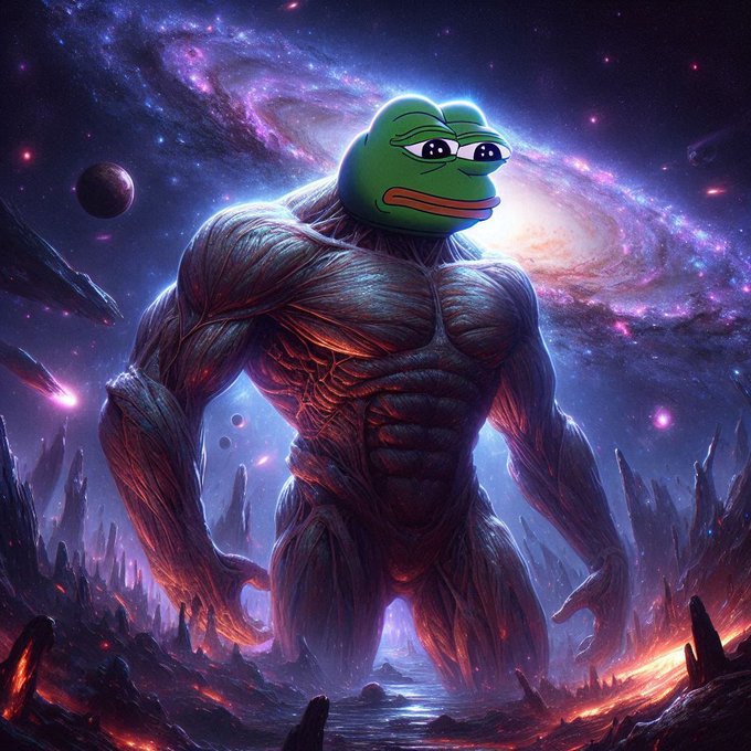 A massively muscular Pepe the Frog stands imposingly against a cosmic galaxy backdrop, projecting an aura of godlike power as he dominates a fiery, otherworldly landscape. The image visually reinforces the post's bullish sentiment about $Pepe, portraying the meme coin's mascot as an unstoppable cosmic force ready to "prepare accordingly" for incoming billions.