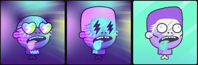 Three cartoon character portraits with psychedelic purple and blue color schemes, showing stylized faces with sunglasses, lightning bolt eyes, and various expressive features.