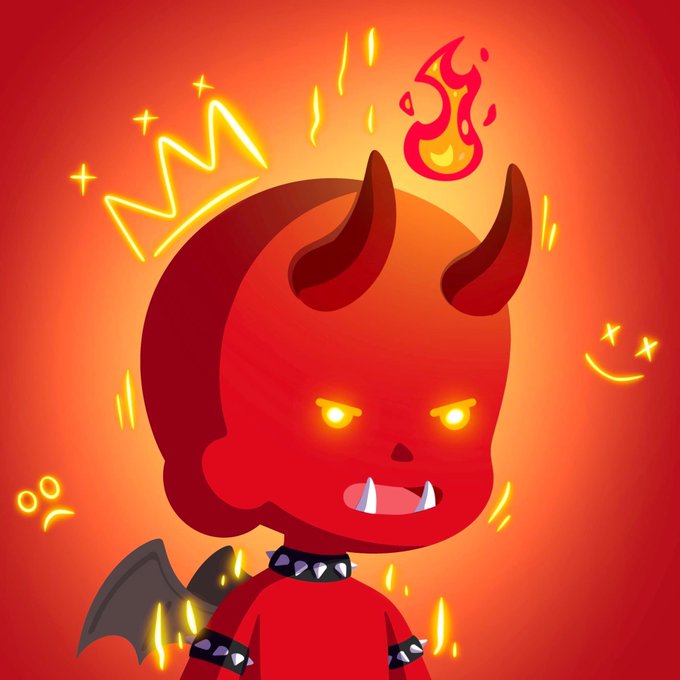 A cartoon devil character with glowing yellow eyes, horns, a bat-like wing, and a spiked collar appears angry against a red background with flame symbols.