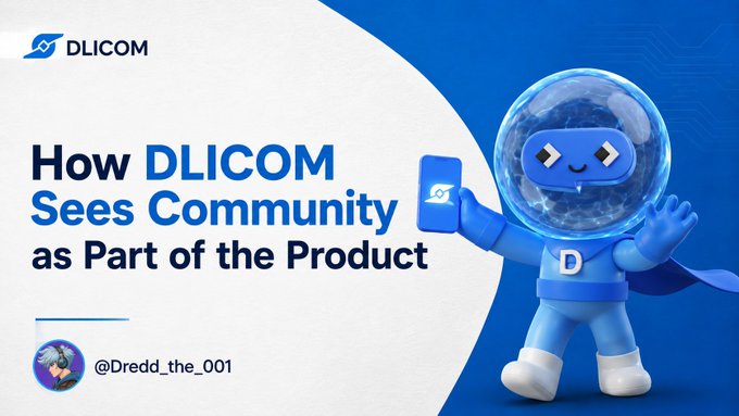 A promotional graphic titled 'How DLICOM Sees Community as Part of the Product' features a blue 3D astronaut character and is posted by user @Dredd_the_001.