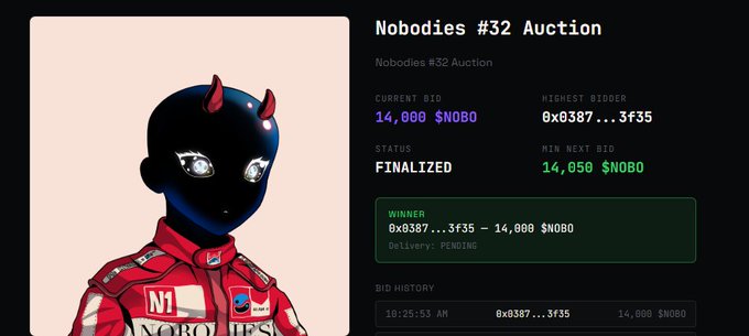 An NFT auction page for 'Nobodies #32 Auction' marked as FINALIZED, showing a current bid of 14,000 $NOBO, highest bidder 0x0387...3f35, with the artwork featuring a dark-skinned figure in a red racing suit with devil horns.