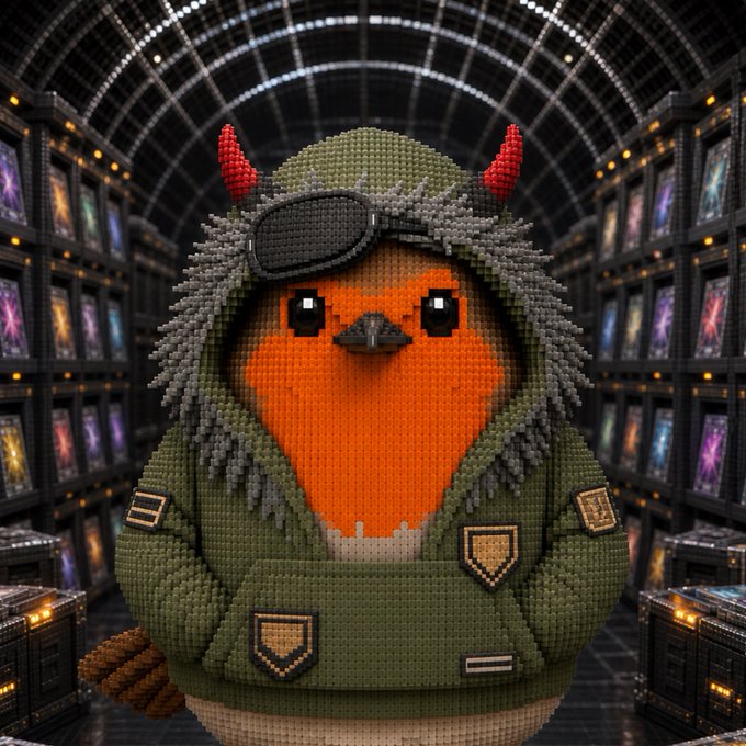 A 3D voxel-style rendering of a devilish bird character wearing a green hooded jacket and goggles, set against a futuristic server room background.