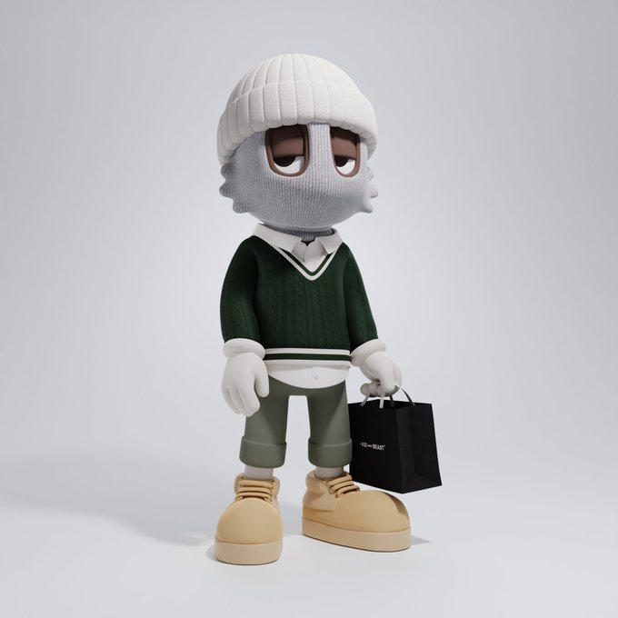 A 3D-rendered character wearing a white beanie, dark green sweater over a collared shirt, green pants, and tan boots, carrying a small black shopping bag.