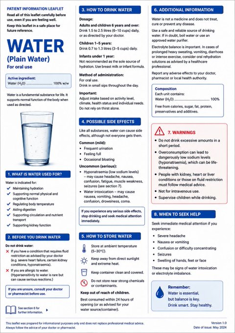 A detailed patient information leaflet for "WATER (Plain Water) For oral use", outlining its uses, dosage, side effects, composition, and warnings.