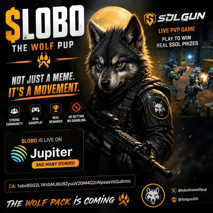 A promotional poster for "Solo Gun" features a wolf character with a gun, accompanied by text promoting the game and its upcoming release.