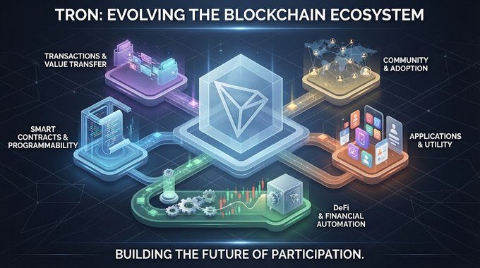 An infographic titled 'TRON: EVOLVING THE BLOCKCHAIN ECOSYSTEM' with the tagline 'BUILDING THE FUTURE OF PARTICIPATION.'