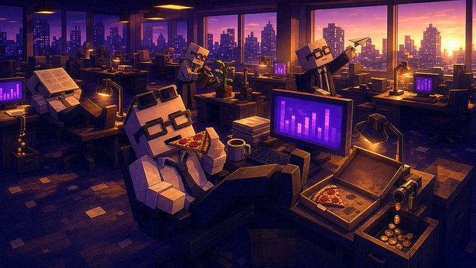 A pixel-art style digital illustration depicting Minecraft-like blocky characters in an office setting at sunset, with one character eating pizza while sitting at a computer showing purple bar graphs, and another pointing toward a city skyline visible through the windows.