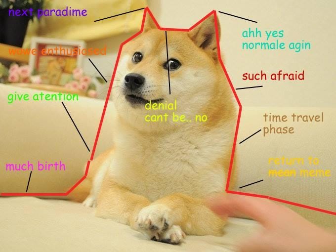 A meme image of a Shiba Inu dog with a red outline and various labels pointing to different parts of the dog and background, including 'next paradigm', 'we're enthusiastic', 'denial cant be, no', 'time travel phase', and 'return to mean meme'.