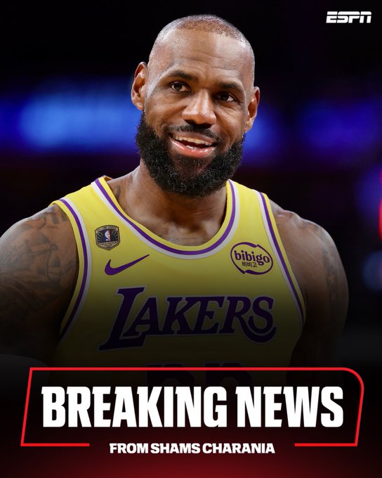 The image shows a smiling LeBron James in a Los Angeles Lakers jersey, displayed in an ESPN "Breaking News" graphic attributed to Shams Charania.

The image relates to the post by serving as visual context for a story about LeBron James—likely announcing his Lakers future or contract status—which the post uses as a milestone marker to highlight the growth of their partnership portfolio over the same time span.