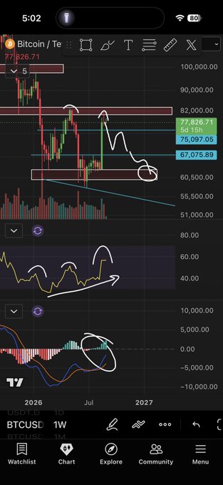 The image shows a Bitcoin (BTCUSD) weekly chart on TradingView with handwritten annotations highlighting a potential price dip toward the $60,500–$67,075 support zone, with the MACD indicator also circled below. Supporting the post's view, the chart visually illustrates the anticipated "flush" lower—a sharp drop designed to shake out late longers and trap shorts—aligning with the author's thesis that market makers would engineer such a move before any sustained recovery.