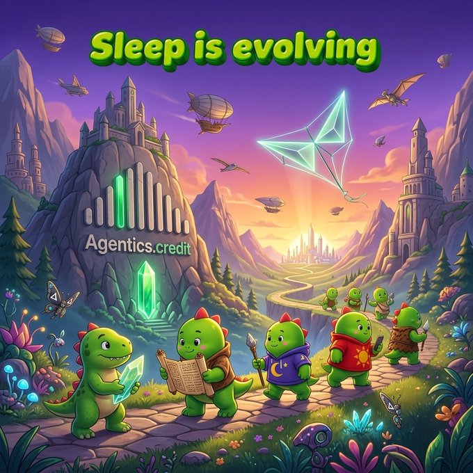A vibrant, AI-generated fantasy illustration with the text 'Sleep is evolving' and 'Agentics.credit,' depicting cute green dinosaur-like creatures holding crystals and scrolls in a colorful landscape with castles, mountains, and airships.