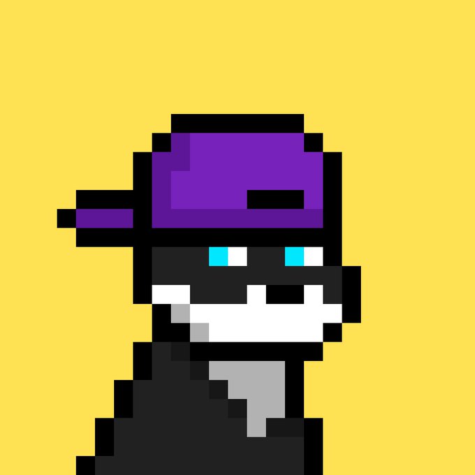 A pixel art character with a purple cap and glowing blue eyes against a yellow background.