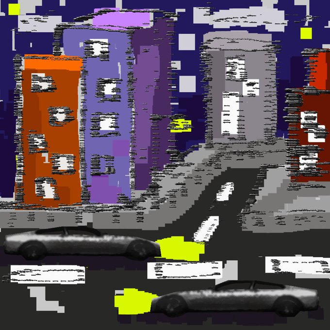 A pixelated, glitch-art style cityscape shows two silver cars on a street beneath colorful high-rise buildings, with bright yellow glitch effects and text.