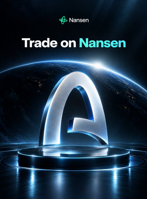 A promotional graphic featuring the Nansen logo and tagline "Trade on Nansen" above a glowing, futuristic 3D letter "A" displayed on a podium against an Earth backdrop, visually tying to the post's announcement of a new Arc trading feature that connects research and execution in one platform.