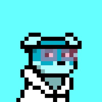 A pixel art character with a white hat, a blue visor, and pinkish eyes stands against a solid turquoise background.