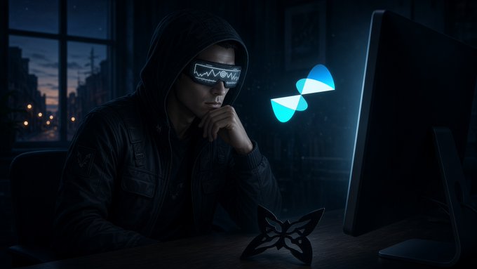 A hooded figure wearing digital glasses sits in a dark room facing a computer monitor, with a glowing blue butterfly logo and a black butterfly sculpture on the desk.