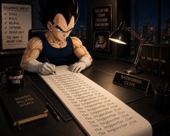 An illustrated image of Vegeta from Dragon Ball Z wearing a tank top and gloves, sitting at a desk writing on scrolls in a dimly lit room with motivational posters on the walls.