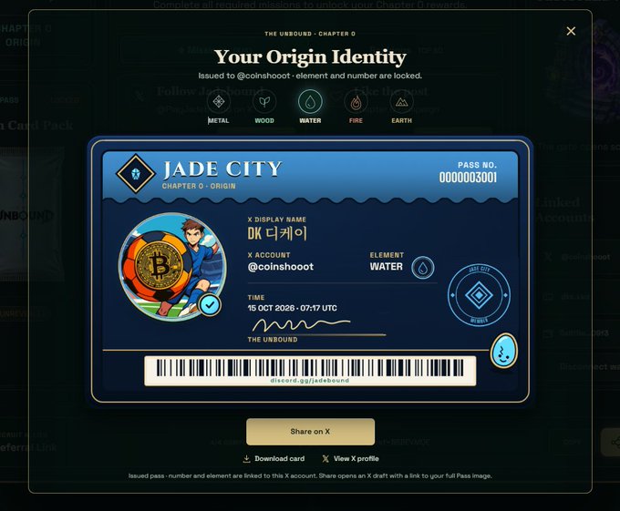 A digital 'Origin Identity' pass from 'The Unbound - Chapter 0' for account @coinshoot, issued as a 'Jade City' card with Pass No. 0000003601, identifying the element as Water, with a 'Share on X' button available.