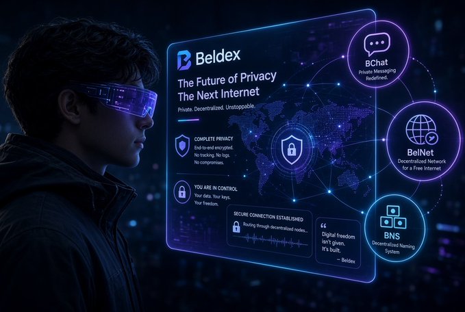 A digital illustration of a person wearing futuristic purple-tinted glasses viewing a holographic interface for 'Beldex - The Future of Privacy, The Next Internet,' featuring features labeled 'BChat,' 'BelNet,' and 'BNS Decentralized Naming System.'