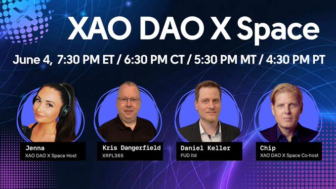 The image features a poster for an event called "XAO DAO X Space" that took place on June 4th, 7:30 PM at 6:30 PM. The poster includes four photos of people, with one person wearing headphones in front of each photo. There is also text on the poster advertising the event and providing details about the speakers featured.