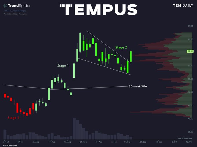 A TrendSpider chart displays the TEM (Tempus) daily candlestick price action annotated with Wyckoff-style stages—Stage 4 (red candles, late July), Stage 1 (transition through early August), and Stage 2 (green candles rallying out of a descending channel since mid-August)—with the latest print at $65.82 and a 30-week SMA support, visually confirming the post's claim that TEM has re-entered Stage 2 for the first time in months.