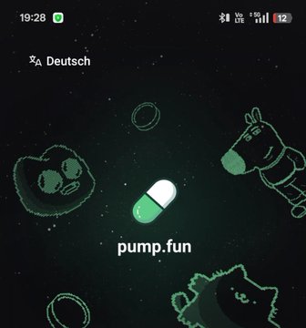 A mobile phone screenshot showing a stylized green and white pill icon labeled 'pump.fun' on a dark starry background with doodle-style illustrations including a Pepe frog and an astronaut, with the time 19:28 and battery at 12%.