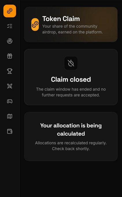 A "Token Claim" dashboard from Orvexhub displays two messages: "Claim closed" indicating the claim window has ended, and "Your allocation is being calculated," suggesting allocations are recalculated regularly. The image supports the post's claim that the platform appears to have paused operations, as no active claim is available and users are still waiting for their airdrop allocations to be finalized.