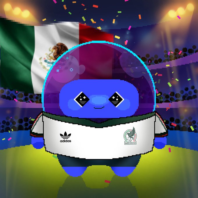 The image features a blue cartoon character wearing an Adidas jersey with the word "Adidas" written across the front, standing against a colorful backdrop of confetti and a Mexico flag. The text in the image reads "Dlicom World Cup Collection #11 this time, we're heading to Mexico home to passionate fans, rich football culture, and unforgettable World Cup moments another football-loving nation joins the collection which country should be next? @DlicomApp".