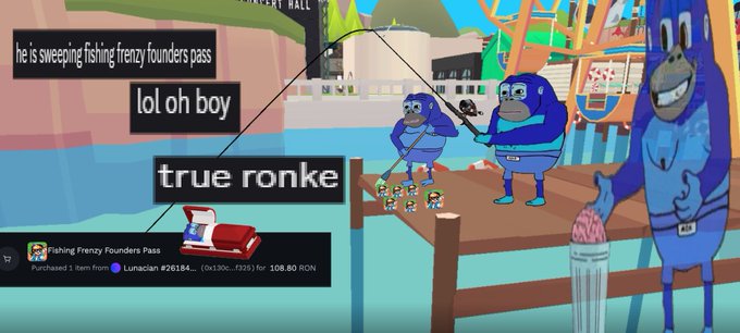 A livestream shows cartoon blue monkeys fishing on a dock in what appears to be the Fishing Frenzy Founders Pass game, with chat comments reading "he is sweeping fishing frenzy founders pass," "lol oh boy," and "true ronke," while a purchase notification displays "Fishing Frenzy Founders Pass... Purchased 1 item from Lunacian #26184... (5x1300... 7325) for 108.80 RON."

The image ties into the post by visually demonstrating the "$RONKE" lifestyle referenced, showing monkeys playing Fishing Frenzy using RON (Ronin) crypto, reinforcing the bullish sentiment toward the $RON token in the context of NFT gaming.