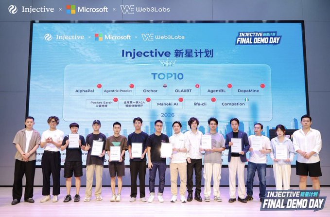 Ten winners stand on stage holding certificates at the "Injective 新星计划 Final Demo Day" event, with a screen behind them displaying the "TOP 10" projects—AlphaPal, Agentix Predict, Orchor, OLAXBt, AgentBL, DopaMine, Pocket Earth, 皮卡丘-RA2, Maneki AI, life-cli, and Companion—under logos for Injective, Microsoft, and Web3Labs. The image captures the culminating moment of Injective's Nova Program, showcasing the selected AI × Web3 projects that emerged from the competition.