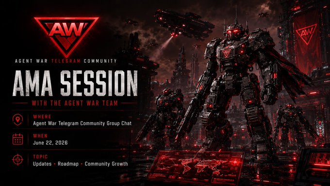 The image features a poster for an upcoming AMA session with the Agent War team, which includes details about the event such as the date, time, location, and updates available. The poster also highlights that there are agents who have already placed orders on this event.