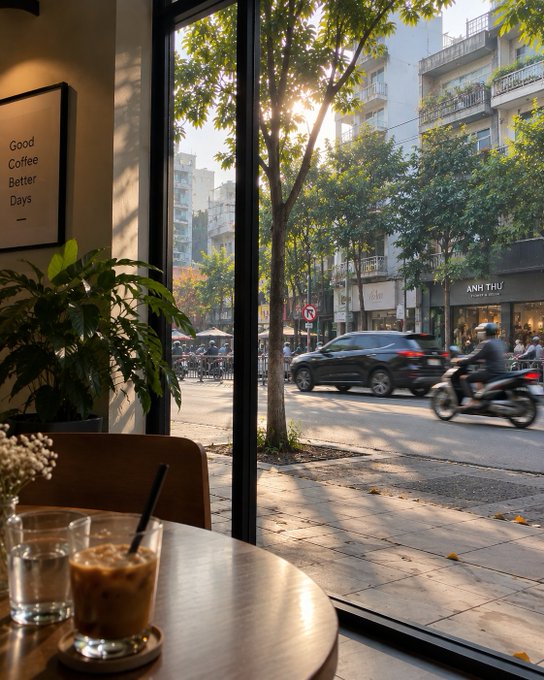 A view from inside a coffee shop looking out onto a street with cars and motorbikes, featuring a "Good Coffee Better Days" sign and a glass of iced coffee in the foreground.