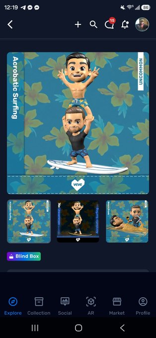 A screenshot of the Veve app displaying a "Blind Box" collection featuring "Acrobatic Surfing" digital collectibles, with the user interface showing navigation tabs at the bottom.