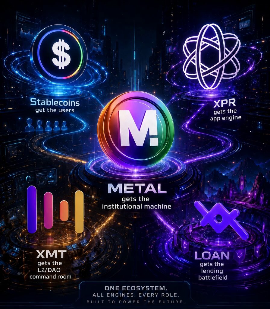 The image shows a colorful graphic that explains the concept of "Metals" using various symbols, such as coins, money, and a rocket ship. The graphic also includes text that provides information about stablecoins, lending, and lending platforms. The main focus is on how the "Metallicus Translation For customer activity: XMD / stablecoins. For institutional chain activity: METAL. For consumer-app engine activity: XPR. For Metal L2 / Metal Dollar governance and gas: MTL/XMT".