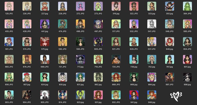 A grid of pixel-art female character portraits numbered from 129 to 948, with a small heart logo marked "2/3" in the corner. The collection of "Vixens" shown represents the digital characters that holders collect to unlock the utility of earning a custom character for gathering 13 pieces.