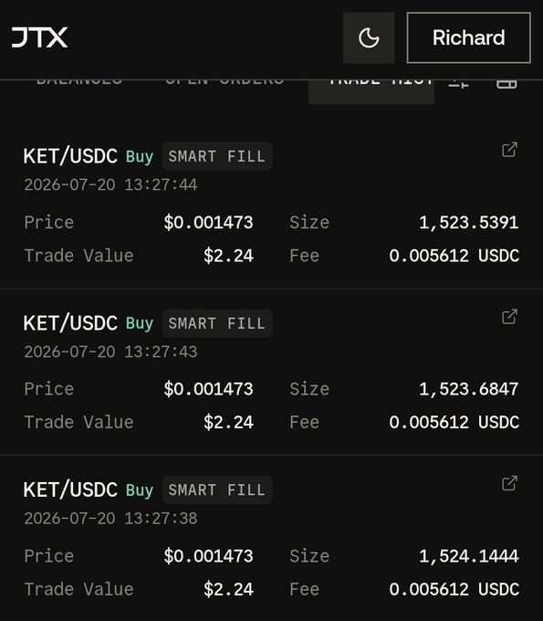 A dark-themed trading interface showing JTX trade history with three KET/USDC buy orders executed at $0.001473, each with a trade value of $2.24 and fee of 0.005612 USDC, dated 2026-07-20.