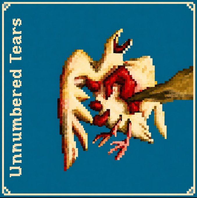 The image features a bird with its wings spread wide, as if ready to take flight or having just landed from one. The bird appears to be made of paper mache, giving it a unique and artistic appearance. The background of the image is blue, which contrasts nicely with the bird's vibrant colors. In the bottom right corner of the image, there is text that reads "Unnumbered Tears". This suggests that this artwork might be related to a game or an event where numbered tears are used as currency or prizes.