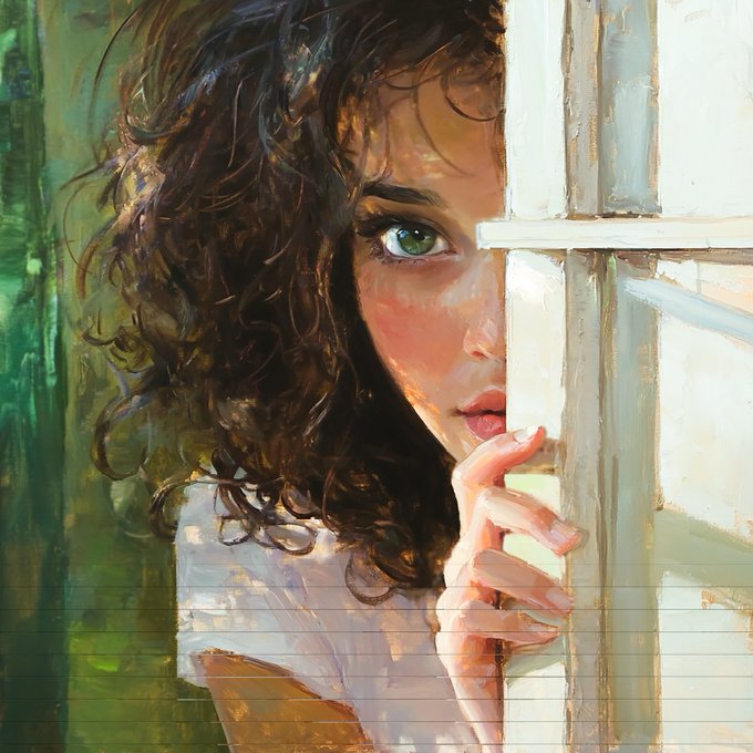 A digital painting of a young woman with curly brown hair and green eyes peering around a white wooden door frame against a green forest background.