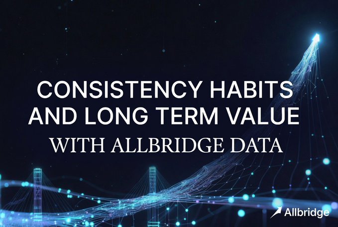 A digital graphic featuring a glowing bridge illustration against a dark background displays the text "CONSISTENCY HABITS AND LONG TERM VALUE WITH ALLBRIDGE DATA" alongside the Allbridge logo. The bridge imagery visually reinforces the post's message about steady, sustained capital movement across Allbridge Core, highlighting the platform's reliable volume following its relaunch.