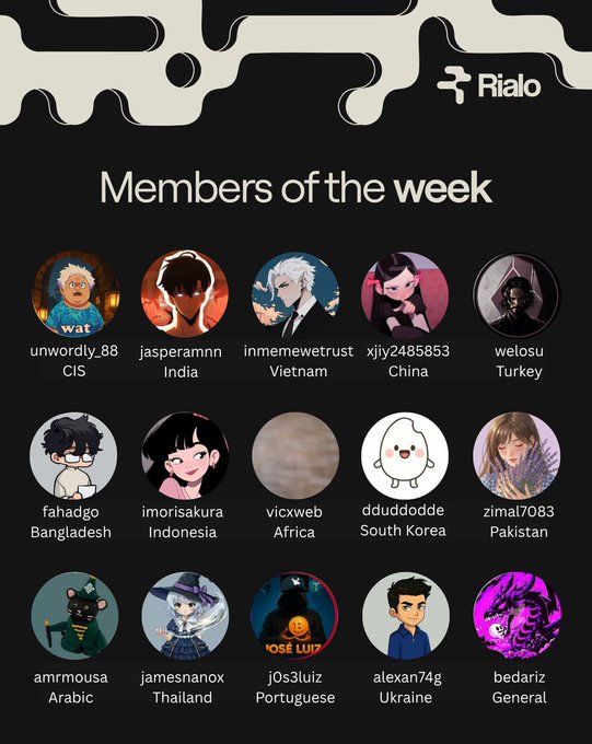 A 'Members of the week' graphic from Rialo displaying a 5x3 grid of user avatars with usernames and country origins including CIS, India, Vietnam, China, Turkey, Bangladesh, Indonesia, Africa, South Korea, Pakistan, Arabic, Thailand, Portuguese, Ukraine, and General.