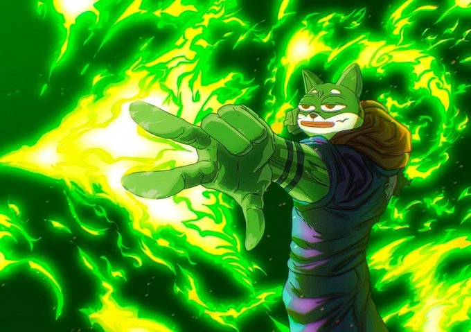 The image features an animated character, with green fur and a mask, surrounded by green flames and projecting a blast of energy. The character resembles Pepe the Frog, and the image is likely related to the "$SHIBBO" cryptocurrency mentioned in the accompanying text, symbolizing its launch and powerful presence.
