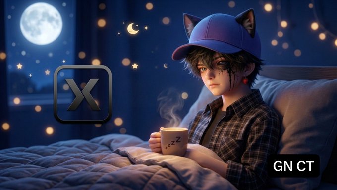 An anime-style illustration of a person with cat ears wearing a purple cap, holding a steaming mug with "zzz" on it while sitting in bed under a moonlit sky, featuring an "X" logo on the left and "GN CT" text on the right.